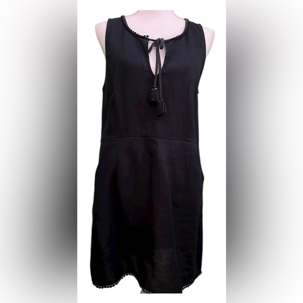 Calypso St. Barth Linen Tassel Tie Dark Blue Tank Dress, Size M